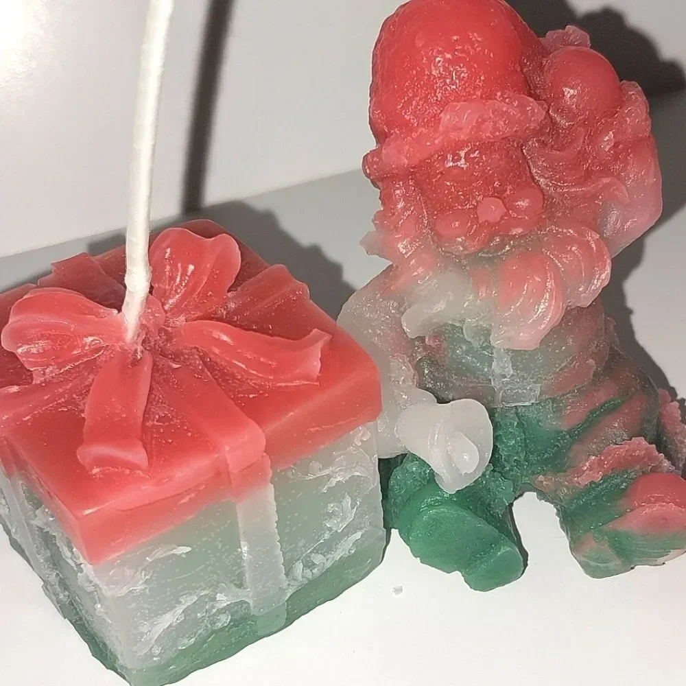 Hand crafted 2 piece holiday Santa's present candle set
